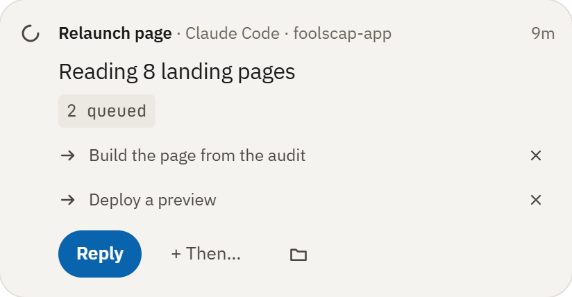 A working task with two queued prompts waiting.