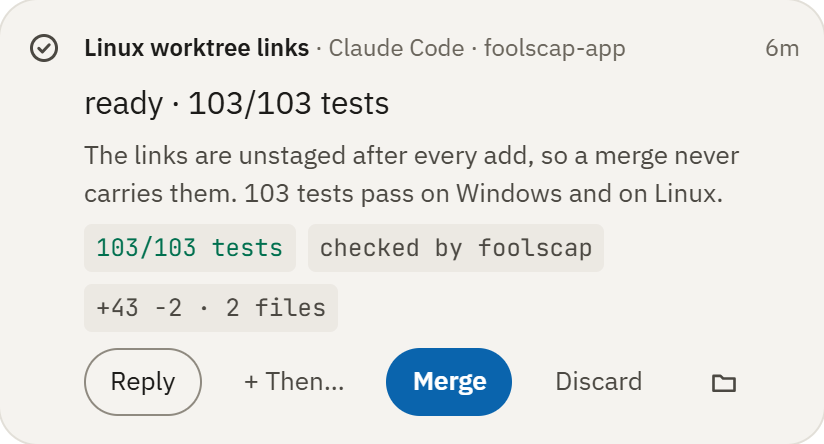 A finished task: 103 of 103 tests, checked by foolscap, ready to merge.