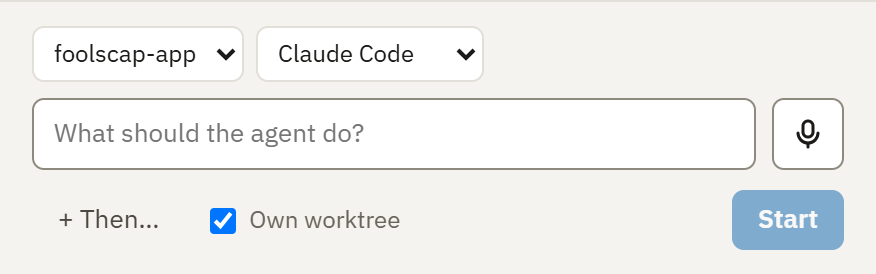 The composer: pick a repo and an agent, type or speak the task, and tick Own worktree.