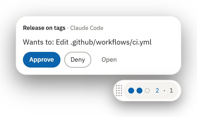 The pill opened on hover, asking to approve an edit to the CI workflow.